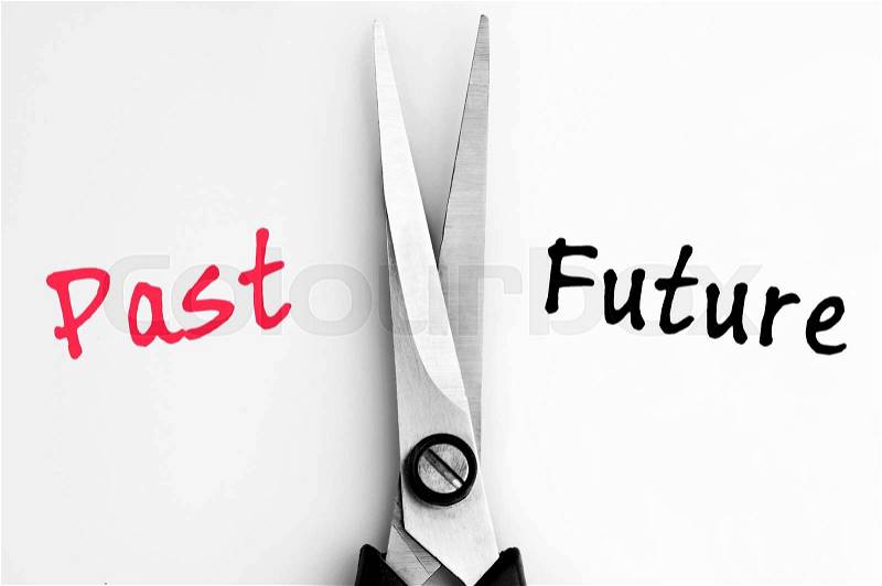 Past and Future words with scissors in middle, stock photo