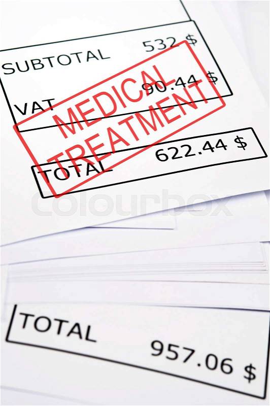 Medical treatment stamp on financial paper, stock photo