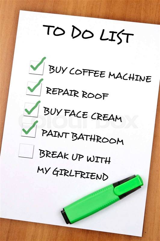 To do list with Break up not checked, stock photo