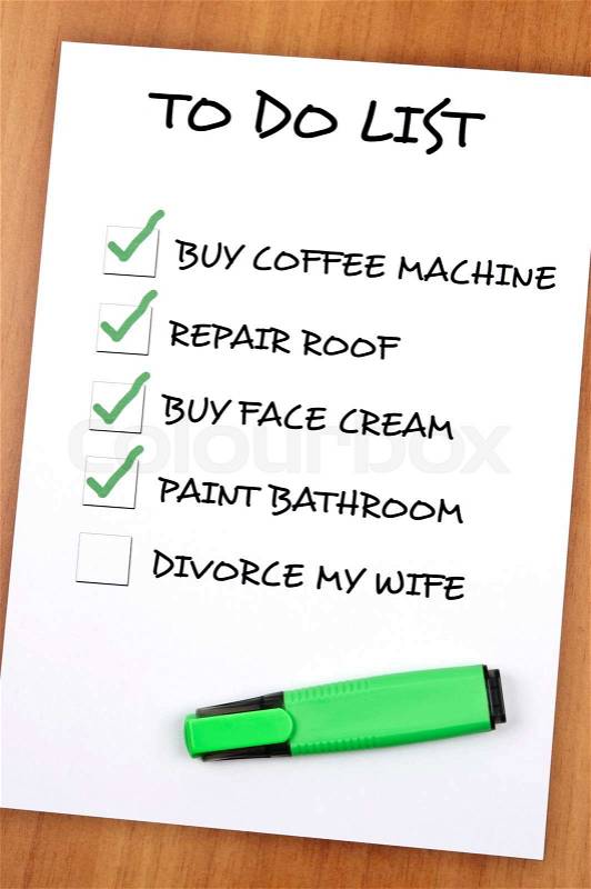 To do list with Divorce my wife not checked, stock photo
