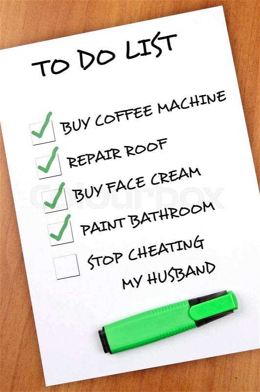 To do list with Stop cheating my husband not checked, stock photo