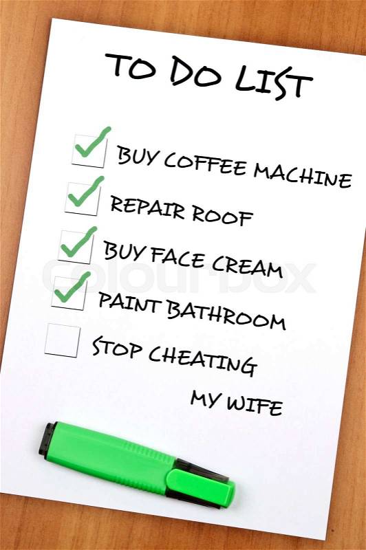To do list with Stop cheating my wife not checked, stock photo
