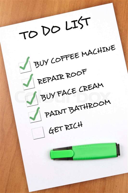 To do list with Get rich not checked, stock photo