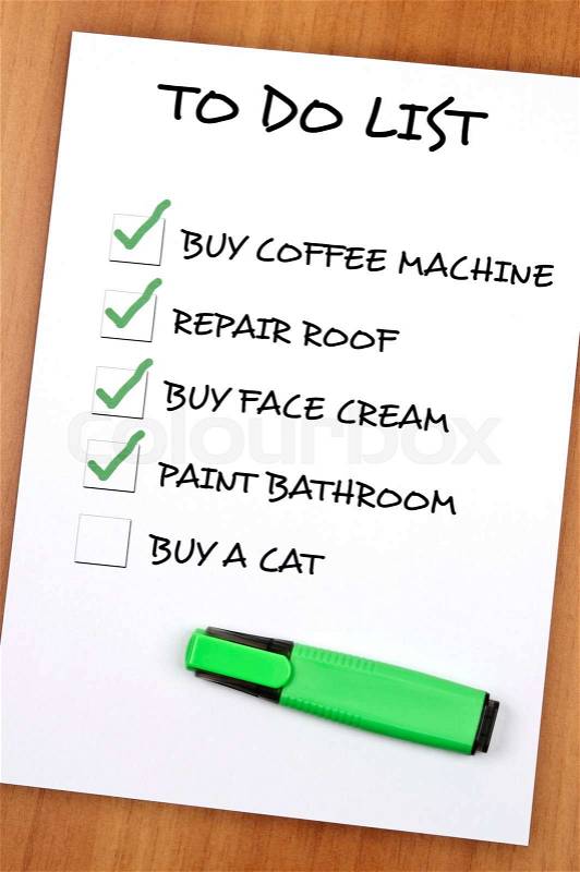 To do list with Buy a cat not checked, stock photo
