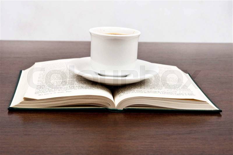 Books and coffe on desk, stock photo