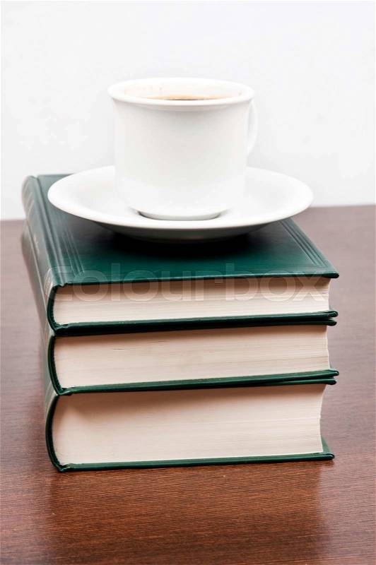 Books and coffe on desk, stock photo