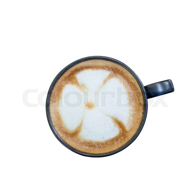 Coffee Cup with flower pattern on coffee foam isolated on white , stock photo