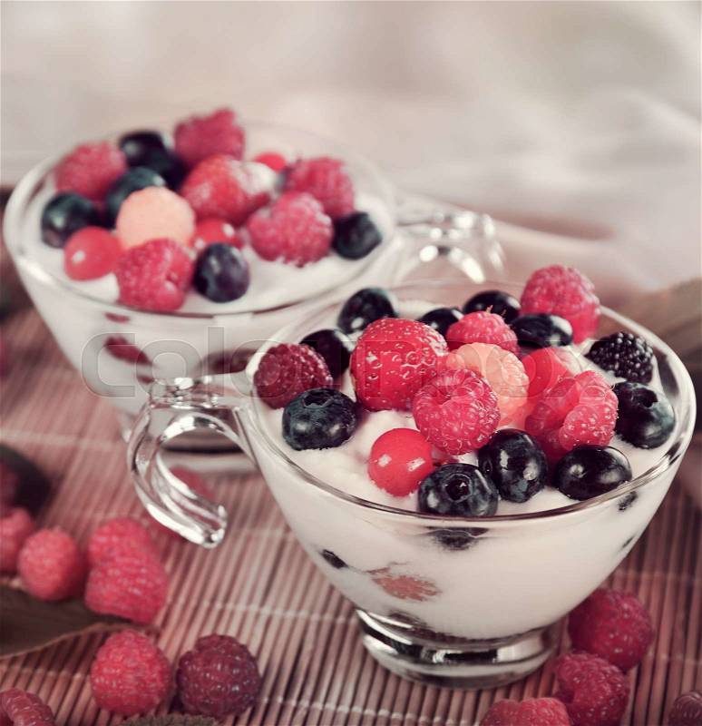 Two Cups Of Yogurt With Berries,close up, stock photo