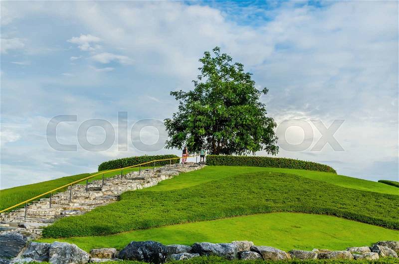 Green little planet with grass on its surface , the man and women stay to alone tree Artificial grass added around the surface of planet, stock photo