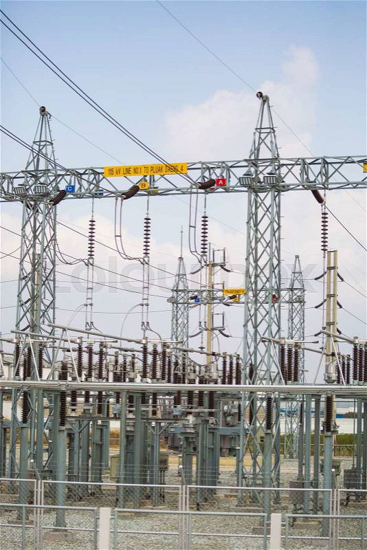 Power electrical substation yard in industrial factory , Rayong Thailand, stock photo