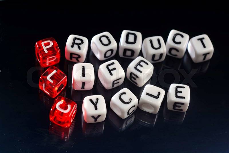 PLC Product Life Cycle written on dices on black background, stock photo