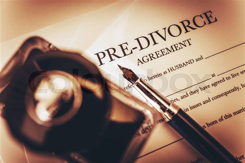 Pre Divorce Agreement Document, Ink-Bottle and the Fountain Pen. Divorce Documentation Photo Concept, stock photo