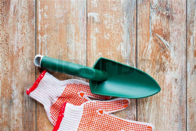 Gardening and planting concept - close up of trowel and garden gloves on table, stock photo