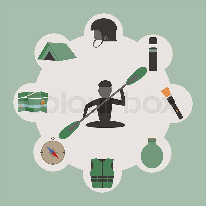 Outdoor infographics. Camping and kayaking. Unusual round design on green background. Summer elements. Vector illustration, vector