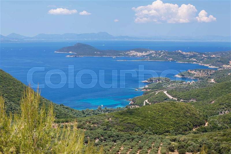 Greece Epirus, panoramic view.Panoramic view of Syvota in Thesprotia (Epirus), Greece. Panoramic view with the Islands of Nikolaos, Sivota, and in the distance, Corfu visible, stock photo