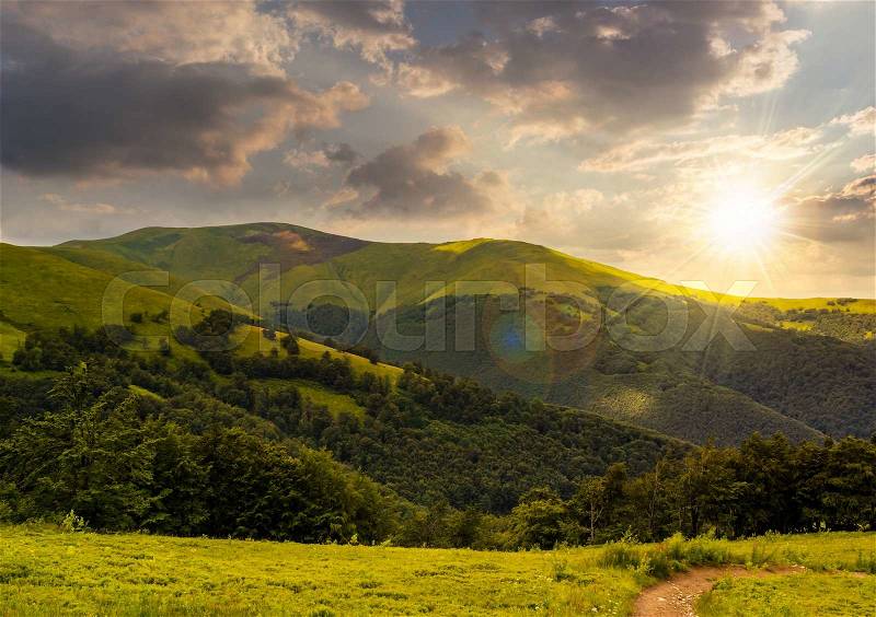 Foot path going in mountains and passes through the green forest in evening light, stock photo