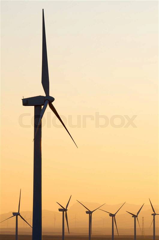 Aligned windmills for renowable electric production at sunset, stock photo