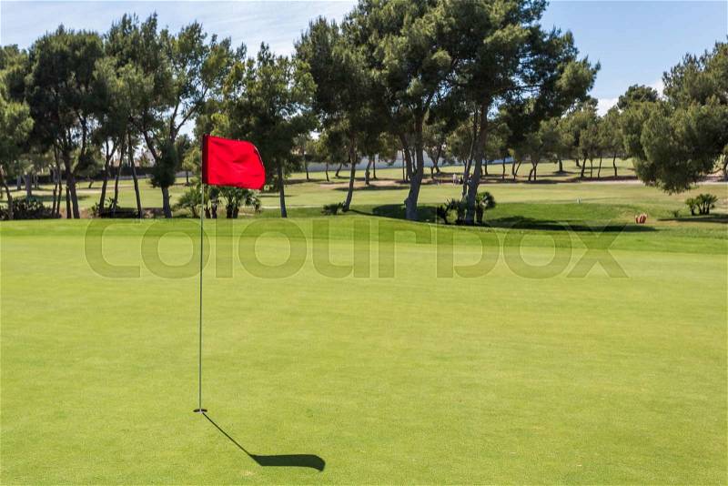 Red flag in the hole on a green golf field golf course, stock photo