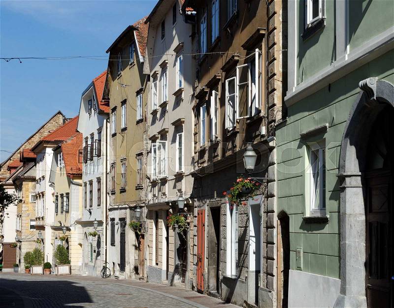 Old street in Ljubljana, Slovenia, converging in perspective, stock photo