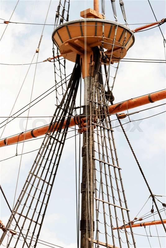 Rigging on the ancient tall ship, stock photo