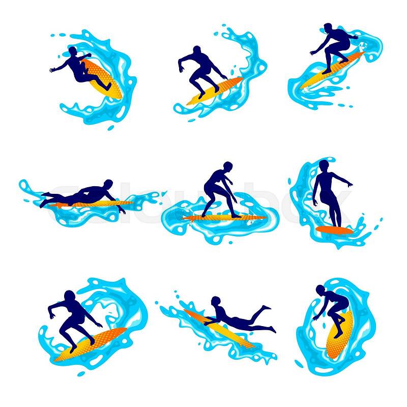 Set of surfing people in still water and on waves, vector illustration, vector
