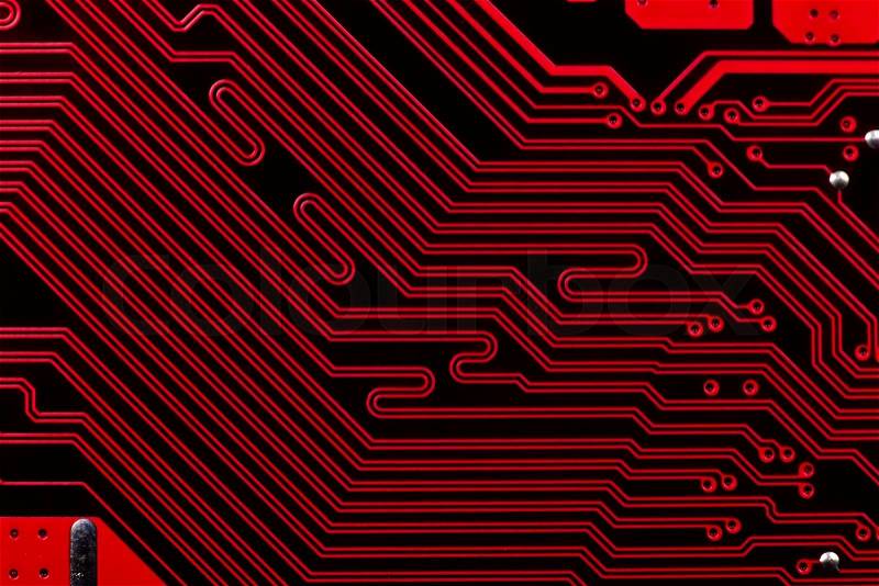 Red computer electronic circuit, close up, stock photo