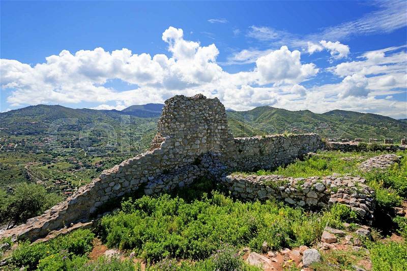 Ancient fortress on mountain in Cefalu city on Sicily island, Italy, stock photo