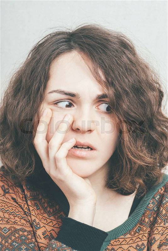 Frightened woman - preety girl gesturing fear, stock photo