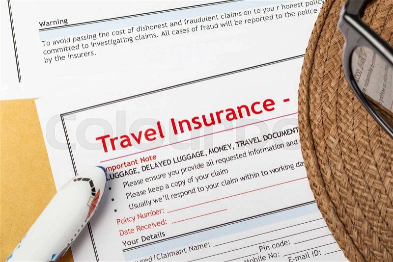 Travel Insurance Claim application form and hat with eyeglass on brown envelope, business insurance and risk concept; document and plane is mock-up, stock photo