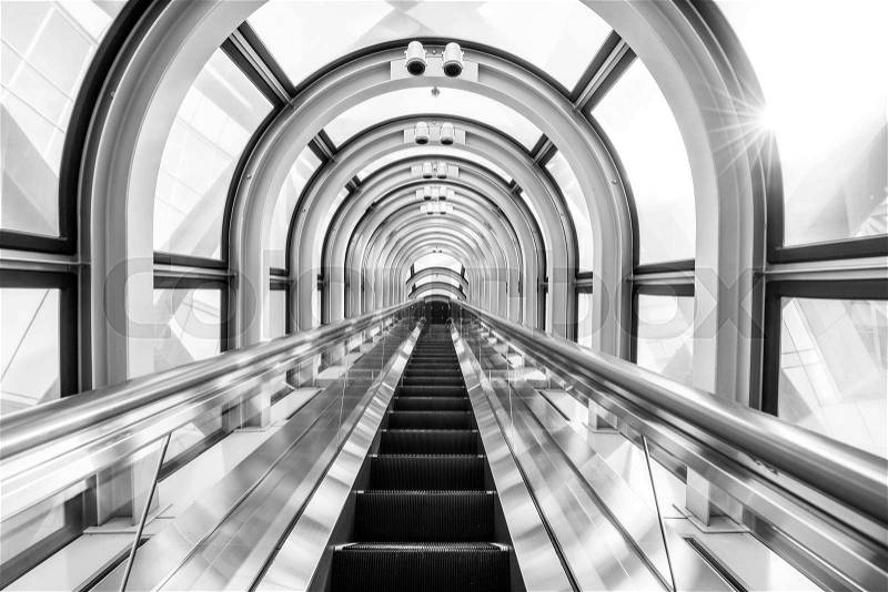 The Escalator Of The Floating Garden Observatory black and white, stock photo