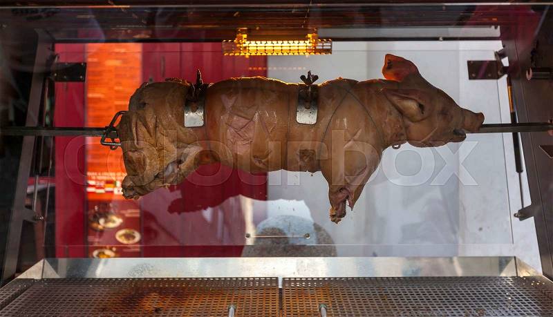Roasted pig on the rack in Prague, Czech Republic, stock photo