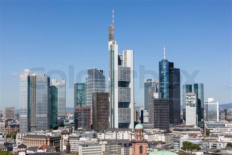 High angle view of the downtown in Frankfurt Main city, Hesse, Germany, stock photo