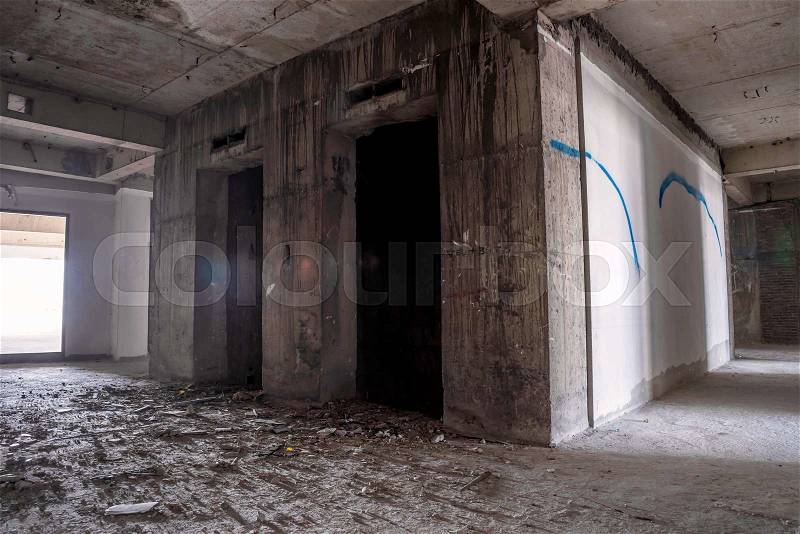 Inside of old abandoned building with construction unfinished, stock photo