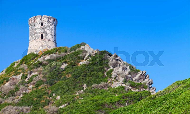 La tour Parata. Ancient Genoese tower on Sanguinaires peninsula near Ajaccio, Corsica, France, stock photo