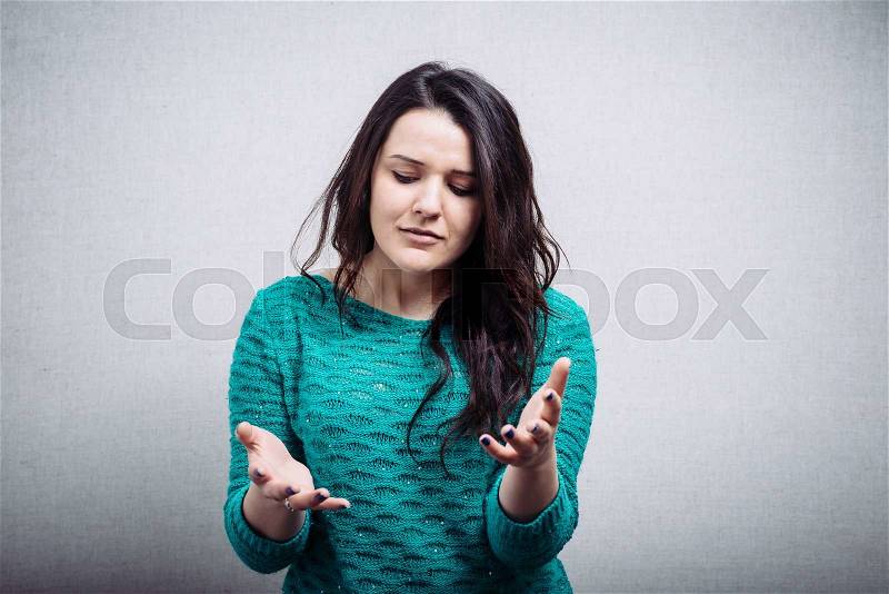 Portrait of woman speaking, communicating, telling you something, stock photo