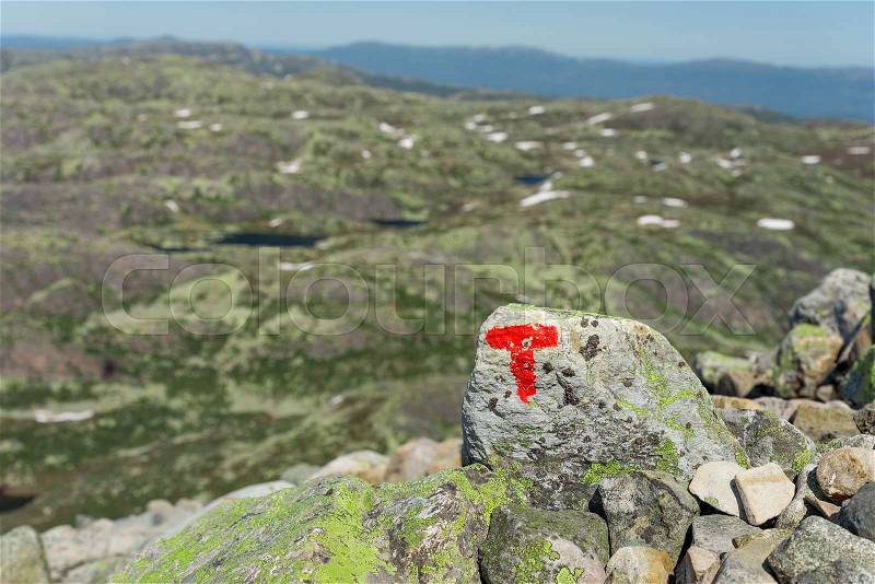 Signs of the Norwegian Trekking Association (Den norske turistforening, DNT) on the path to Gaustatoppen mountain (Norway), stock photo