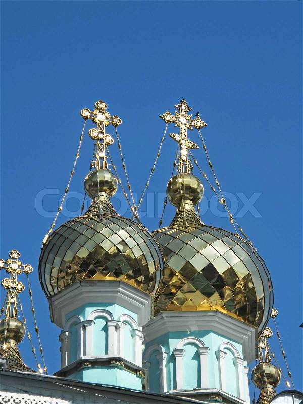 Church, architecture, religion, sky, cathedral, cross, shape, spirituality, blue, history, culture, russia, place, famous, christianity, nobody, dome, color, image, exterior, russian, building, travel, destinations, outdoors, orthodox, built, colored, str