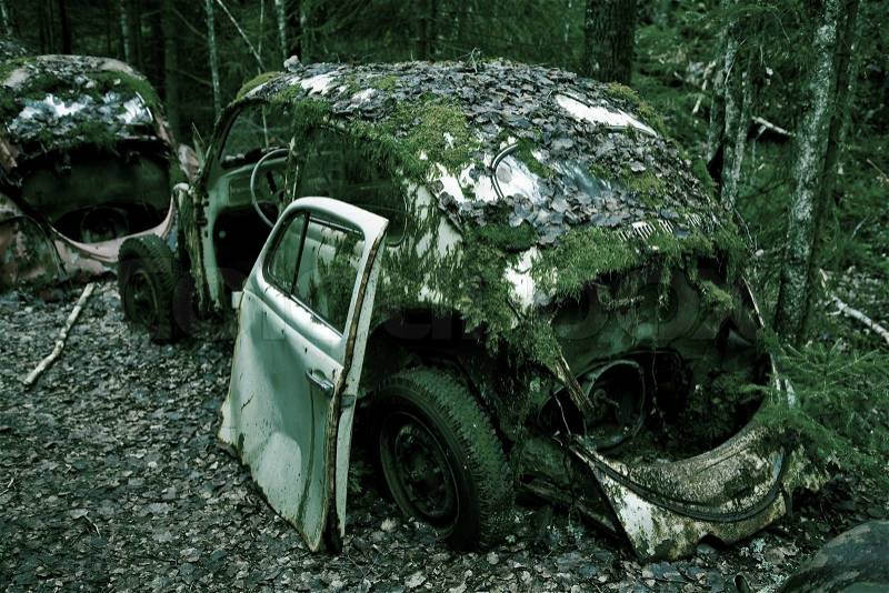 Abandoned VW left in the nature near the Norwegian border - Sweden. From the series Scrap in the wood. Cross processed to reflect time and decay, stock photo