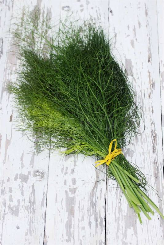 Fresh bundle of fennel on the wooden table, stock photo