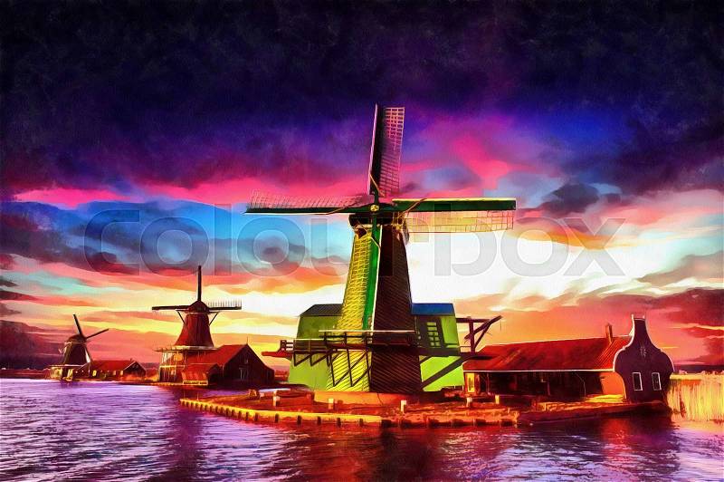 The works in the style of watercolor painting. Traditional Dutch windmills from the channel Rotterdam. Holland, stock photo
