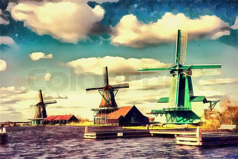 The works in the style of watercolor painting. Traditional Dutch windmills from the channel Rotterdam. Holland, stock photo