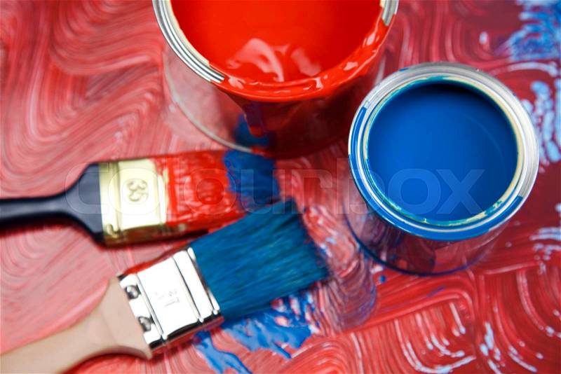 Paint brush and cans, bright colorful tone concept, stock photo