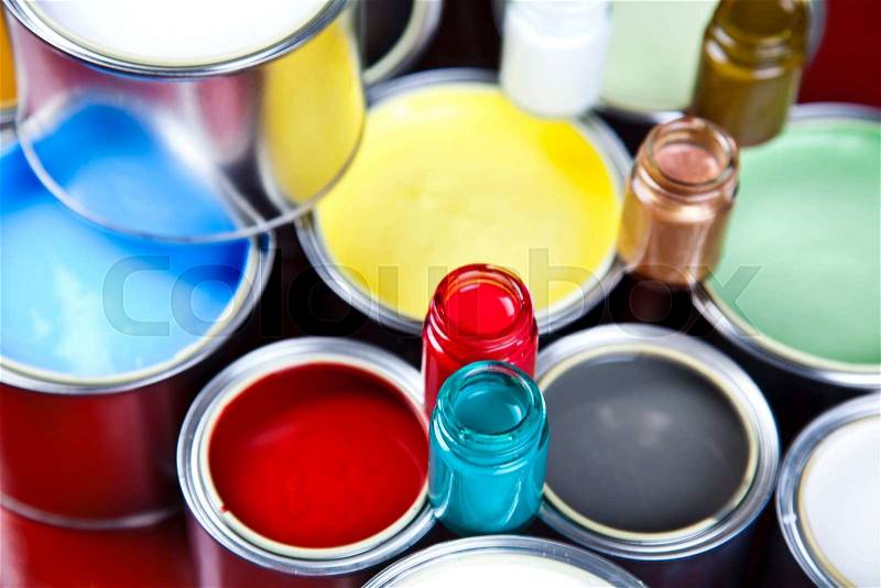Paint and cans, bright colorful tone concept, stock photo