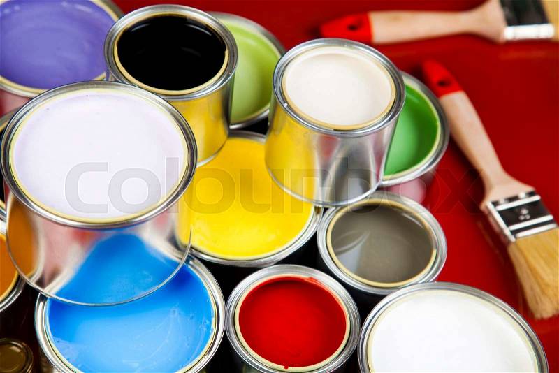 Paint cans, bright colorful tone concept, stock photo
