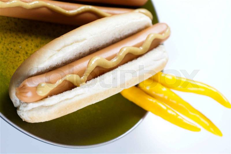 American hot dog, bright colorful vivid theme, stock photo