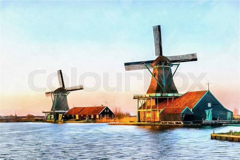 Traditional Dutch windmills from the channel Rotterdam. Holland. The works in the style of watercolor painting. , stock photo
