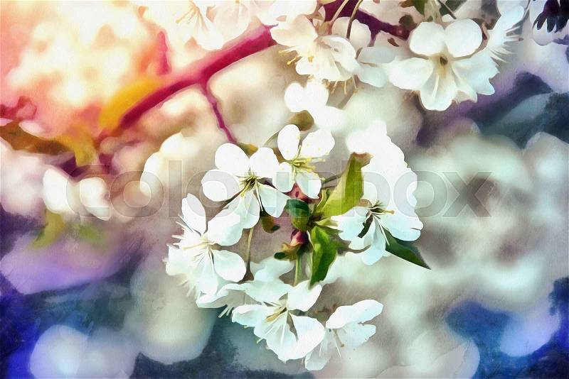 Photo cherry tree bloom with flowers. The works in the style of watercolor painting, stock photo