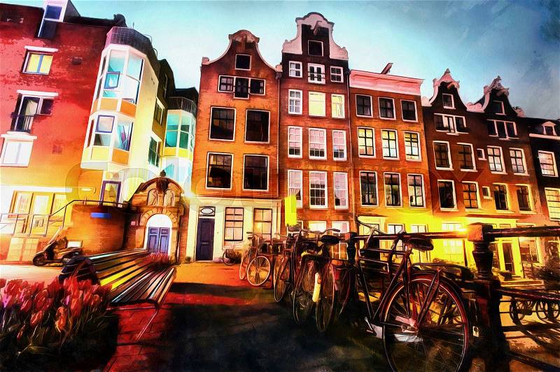 Beautiful night in Amsterdam. Night illumination of buildings and boats near the water in the canal. The works in the style of watercolor painting. , stock photo