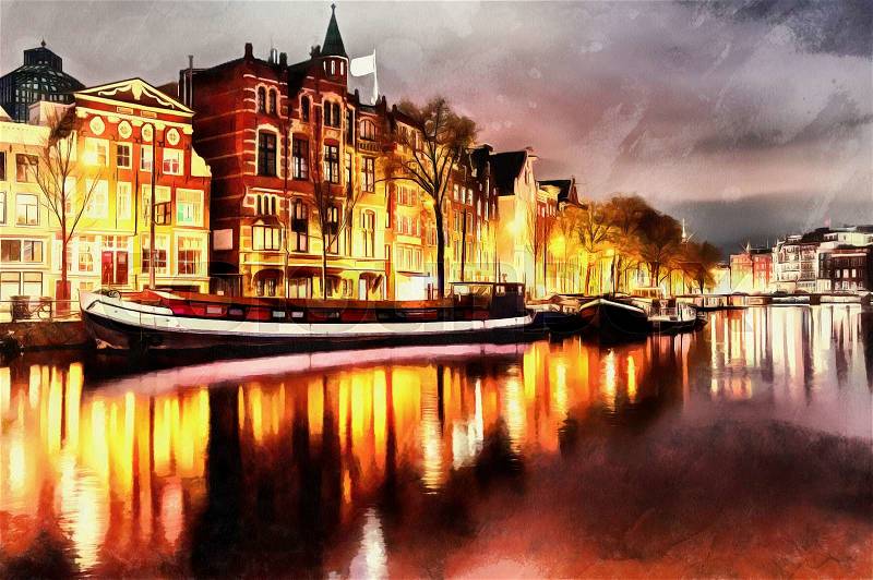 Beautiful calm night view of Amsterdam city. The works in the style of watercolor painting, stock photo