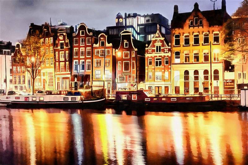 Beautiful calm night view of Amsterdam city. The works in the style of watercolor painting, stock photo